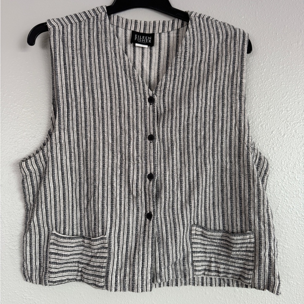 Eileen Fisher Linen Striped Button Vest Size L Minimalist Boho Chic Lagenlook - Picture 3 of 10
